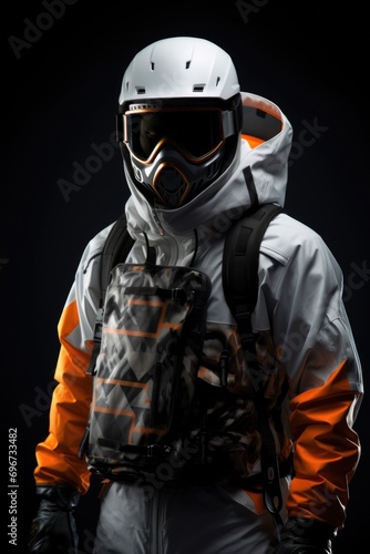 A man wearing a white and orange jacket and a helmet. This image can be used to depict safety, construction, or outdoor activities © Fotograf