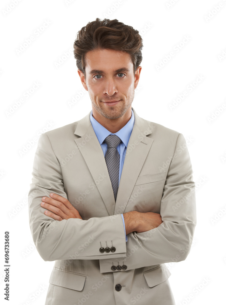 Professional man in studio, face and arms crossed with entrepreneur in corporate portrait. Ambition, confidence and expert on white background, young business owner or entrepreneurship with pride Professional man in studio, face and arms crossed with entrepreneur in corporate portrait. Ambition, confidence and expert on white background, young business owner or entrepreneurship with pride