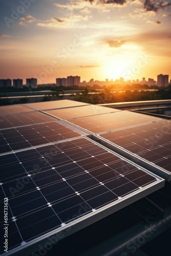Solar panels on a roof with the sun setting in the background. Suitable for renewable energy concepts and eco-friendly living