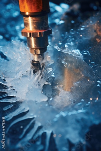 A detailed close-up of a machine cutting through ice. This image can be used to depict ice cutting, ice manufacturing, winter activities, or industrial processes