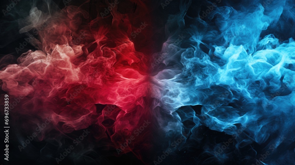 Obraz premium Colorful smoke in two different hues against a black backdrop. Ideal for use in artistic projects or as a background image.