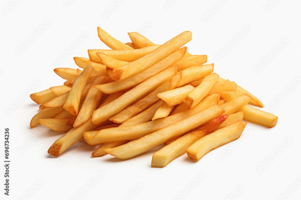 Fototapeta premium A pile of French fries on a clean white surface. Perfect for food lovers and restaurant promotions