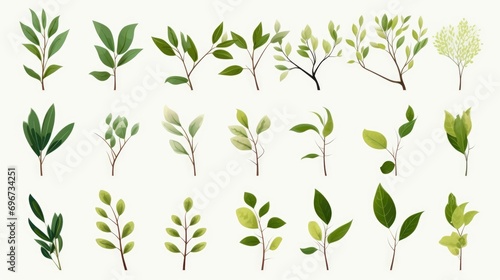 A bunch of green leaves on a white background. Can be used as a background or for nature-related projects