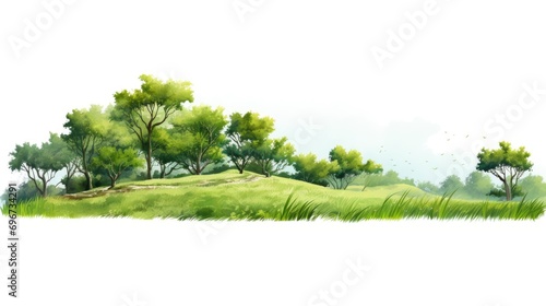 A painting depicting a serene grassy area with trees. Suitable for various applications