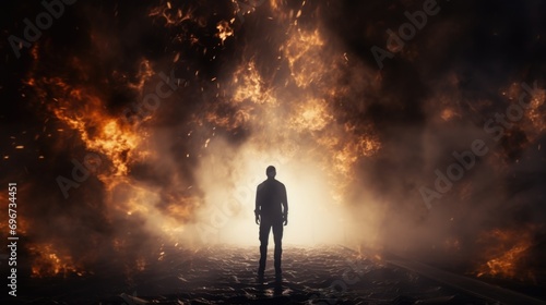 A man bravely stands on a train track as a fire blazes in the background. This powerful image captures the intensity and danger of the moment. Perfect for illustrating courage and resilience.