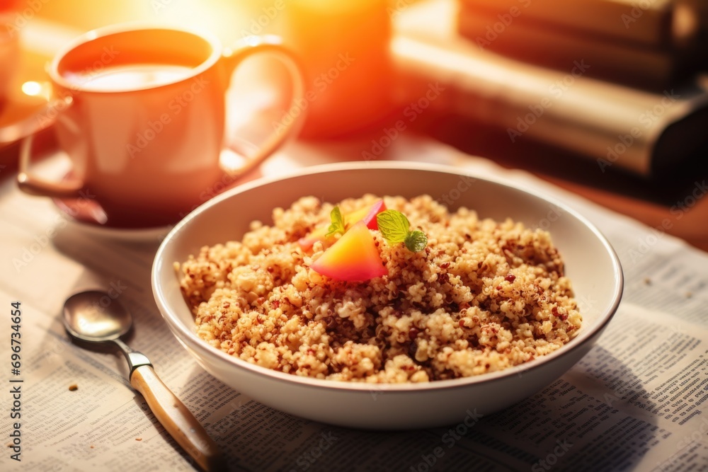 A bowl of cereal and a cup of coffee. Perfect for breakfast or a morning pick-me-up A bowl of cereal and a cup of coffee. Perfect for breakfast or a morning pick-me-up