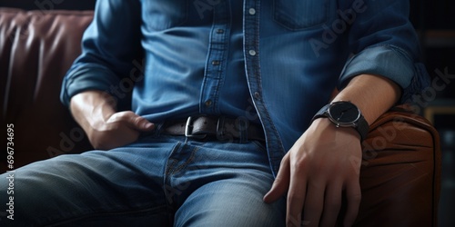 A man in a blue shirt sitting on a brown chair. Suitable for various uses