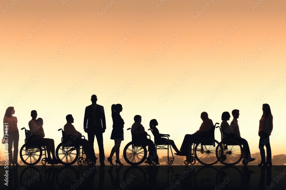 Fototapeta premium A group of people in wheelchairs standing together, captured in silhouette. Suitable for disability awareness campaigns and inclusive community projects
