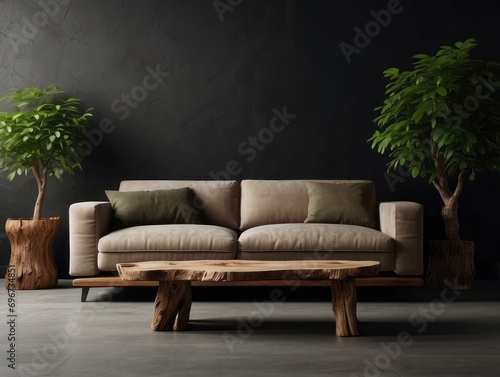 Live edge coffee table near rustic wood log sofa and chair against black wall with tree root ball wall decor