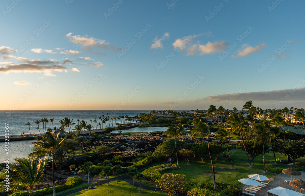 Beautiful aerial Waikoloa Beach vista at sunset, Big Island, Hawaii