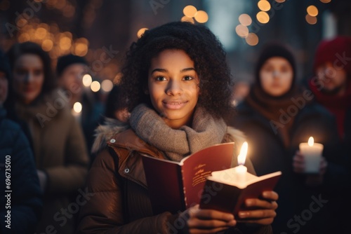 A woman holding a lit candle and a book. Suitable for various themes and concepts