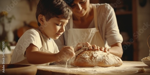 A woman and a young boy are seen working together to make a delicious loaf of bread. This image can be used to showcase the joy of baking and the importance of family bonding in the kitchen