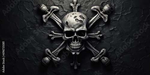 A skull and crossbones symbol on a dark black background. Perfect for warning signs or Halloween-themed designs photo