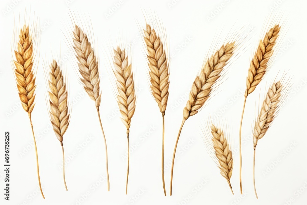 A collection of wheat stalks arranged neatly on a white surface. Perfect for agricultural or nature-themed designs A collection of wheat stalks arranged neatly on a white surface. Perfect for agricultural or nature-themed designs