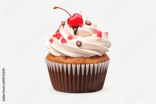 A delicious cupcake with creamy white frosting and a juicy cherry on top. Perfect for bakery advertisements and dessert-themed designs