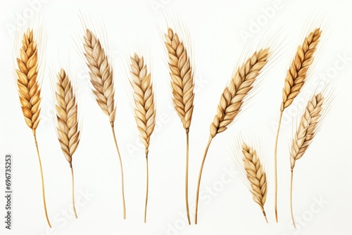 A collection of wheat stalks arranged neatly on a white surface. Perfect for agricultural or nature-themed designs