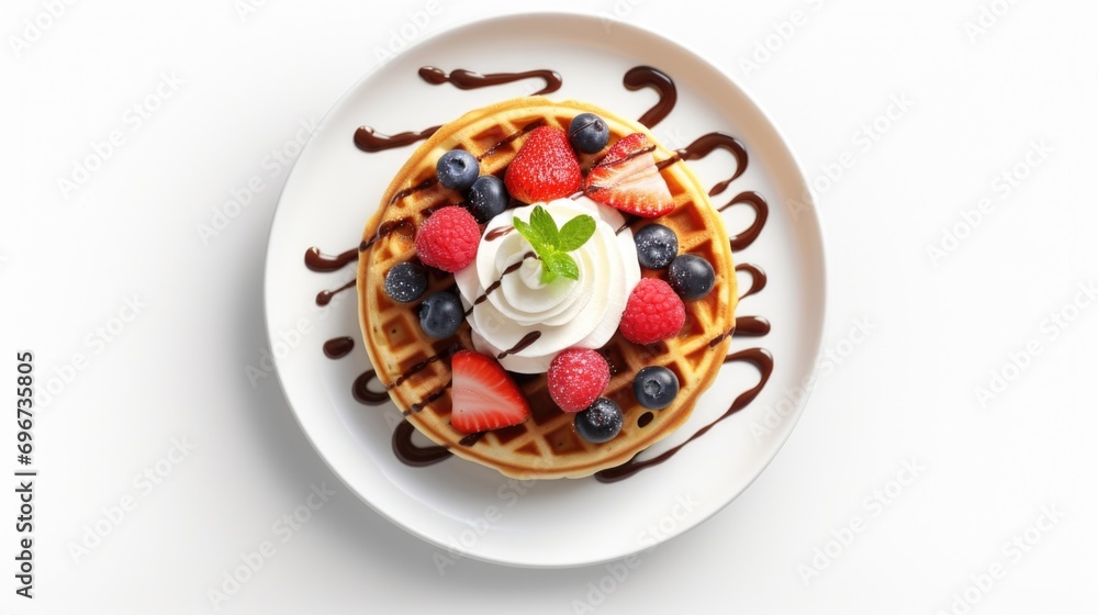 A delicious waffle topped with fluffy whipped cream and fresh berries. Perfect for breakfast or brunch.