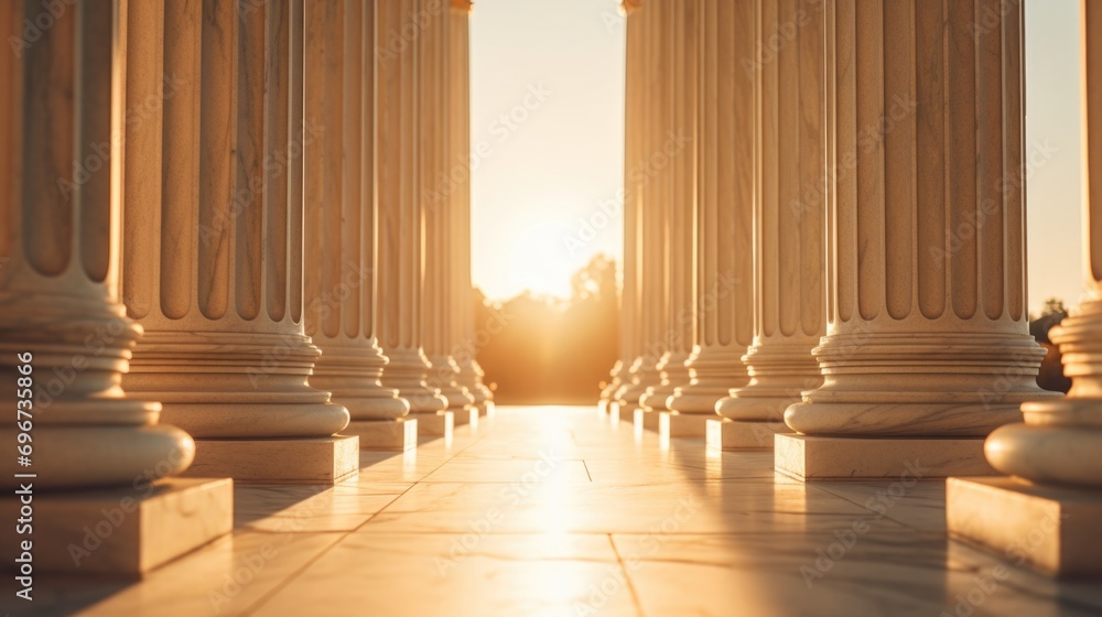 A row of pillars silhouetted against a stunning sunset. Perfect for adding a touch of elegance and serenity to any project