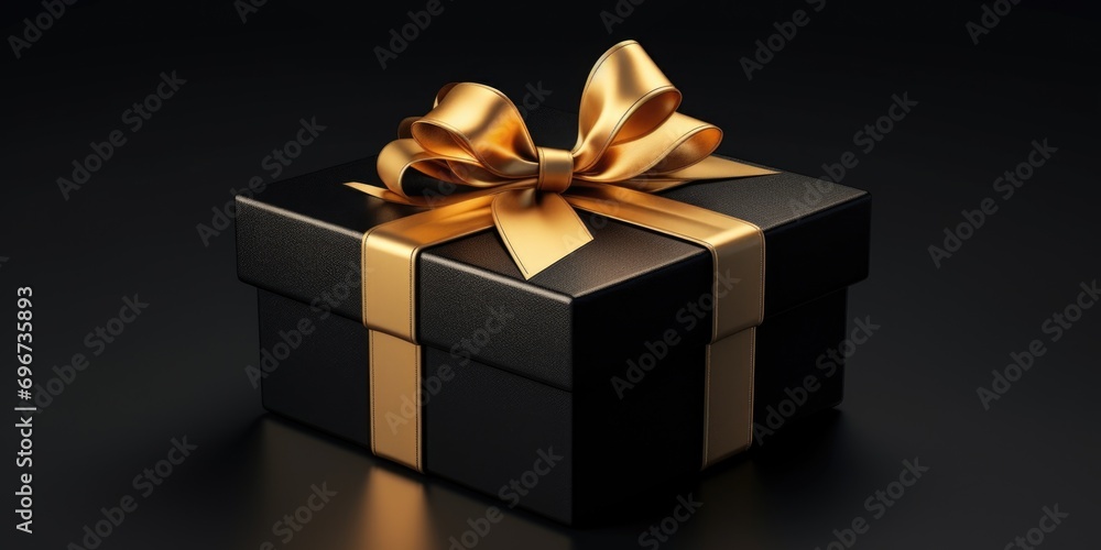 A black gift box adorned with a shiny gold bow. Perfect for any special occasion or celebration A black gift box adorned with a shiny gold bow. Perfect for any special occasion or celebration