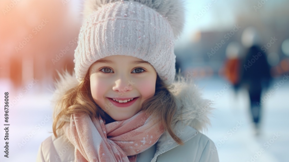 A cute little girl wearing a hat and scarf. Suitable for winter-themed designs and advertisements A cute little girl wearing a hat and scarf. Suitable for winter-themed designs and advertisements