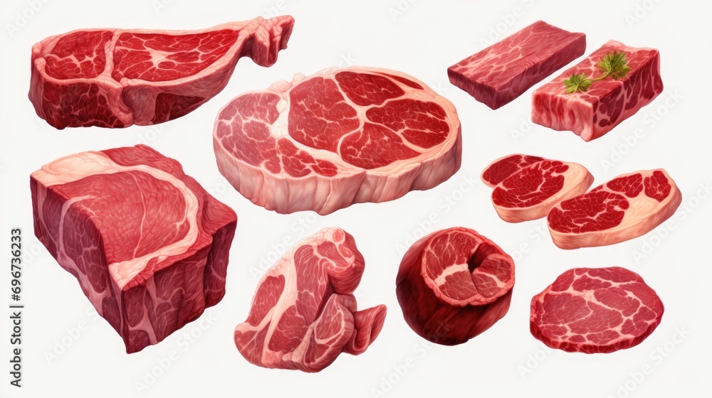 Various pieces of meat cut into bite-sized portions on a clean white surface. Suitable for use in cooking recipes or food-related projects