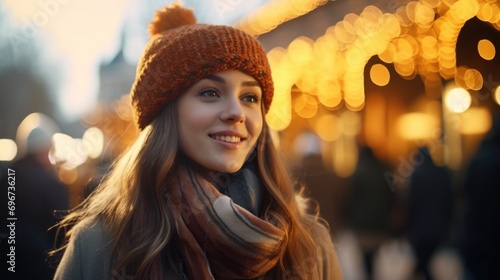 A woman is pictured wearing a knitted hat and scarf. This image can be used to depict winter fashion or cold weather accessories