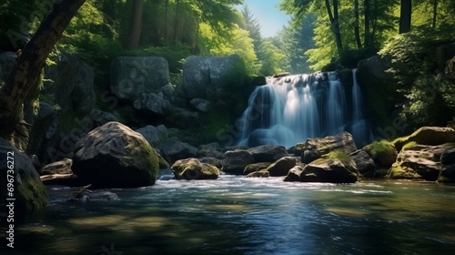 A waterfall with a panoramic forest