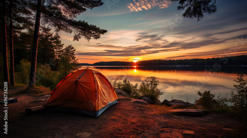 Camping tent next to a lake at sunset