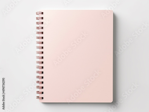 Flat lay mockup scene with blank notepad with pink paper and white background