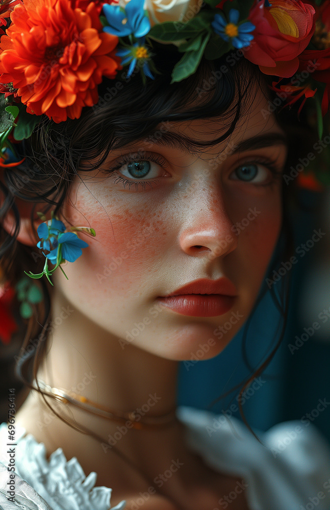 Portrait of a young woman with blue eyes and a crown of vibrant flowers. Generative AI. Portrait of a young woman with blue eyes and a crown of vibrant flowers. Generative AI.