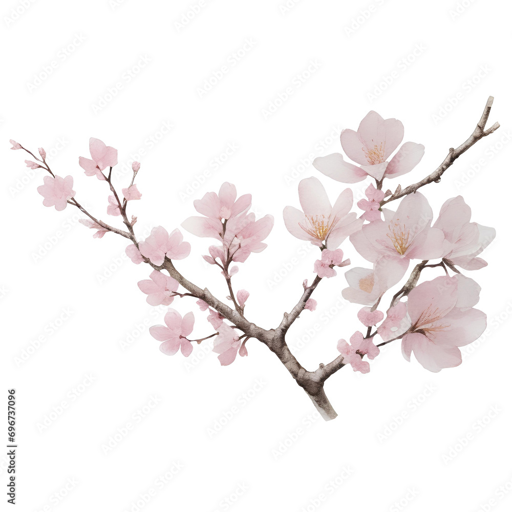 Fototapeta premium Cherry blossom or sakura branch isolated on white background. Spring Flowers. Watercolor illustration.
