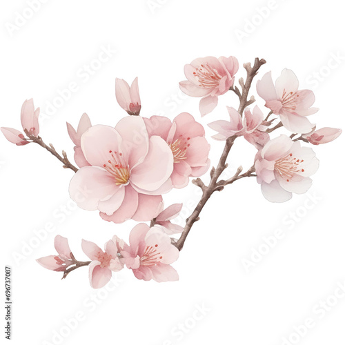 Cherry blossom or sakura branch isolated on white background. Spring Flowers. Watercolor illustration.