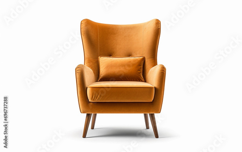Isolated ocher armchair with a pillow. Vintage velvet chair. Modern ocher armchair on a white background