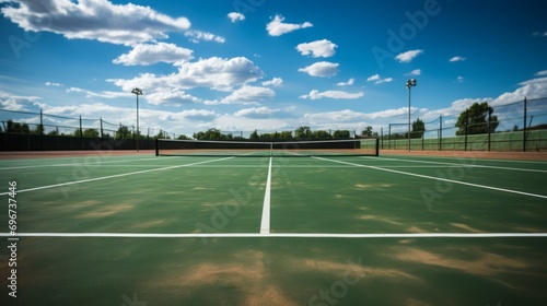 Tennis Court: A picture capturing an empty tennis court with neatly maintained lines and a net waiting for players. © Dushan