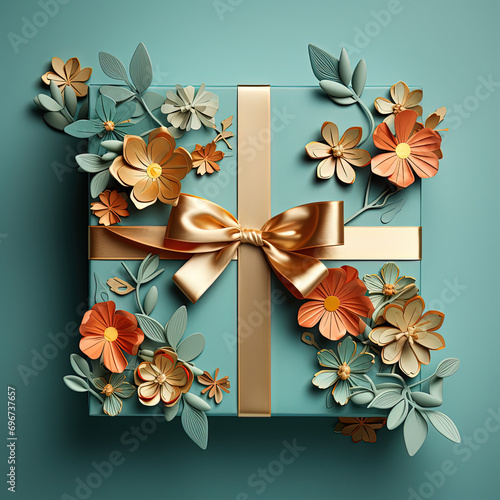 Green giftbox decorated with golden paper-like flower on a reflective floor with softgreen background with shadow photo