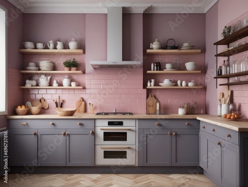 Grey kitchen cabinets and white countertop near pink herringbone tiled backsplash