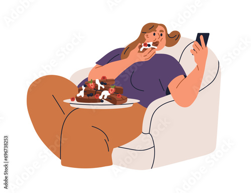 Woman eating sweet dessert, cake with phone in hand. Person overeating unhealthy sugar food, snack, pastry, confection. Gluttony concept. Flat graphic vector illustration isolated on white background