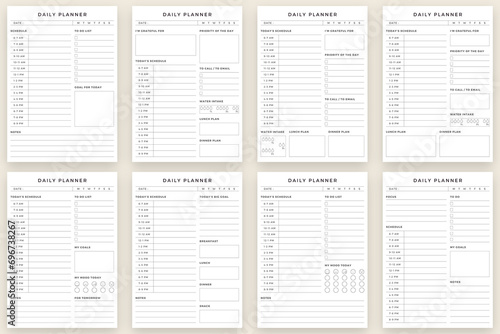 Minimalist printable planner page templates. schedule, priority, call, email, goals, to do, water intake, lunch plan, dinner plan, mood, breakfast, snack, notes for the day. Daily Planner Bundle. photo