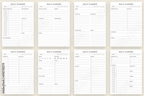 Modern planner template set. Organizer page, schedule, priority, to do, task, list, goals, urgent, appointment, motivation, shopping, mood, weather, notes, Vector graphic set for daily routine.