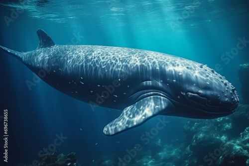 Underwater whale swimming. Oceanic depth fishing huge creature. Generate ai