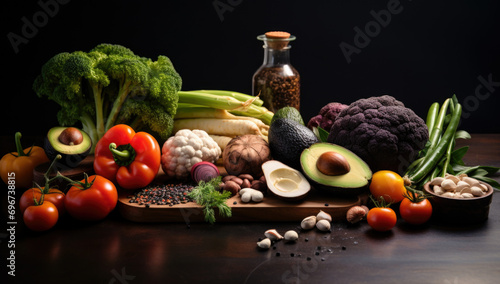 Fresh raw vegetable ingredients for healthy cooking or salad making with rustic wood board in center  top view  copy space. Diet or vegetarian food concept  horizontal composition