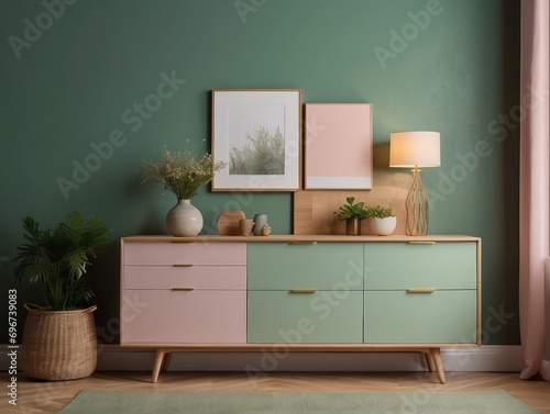 Wooden pastel green cabinet on parquet floor against green and pink wall with copy space