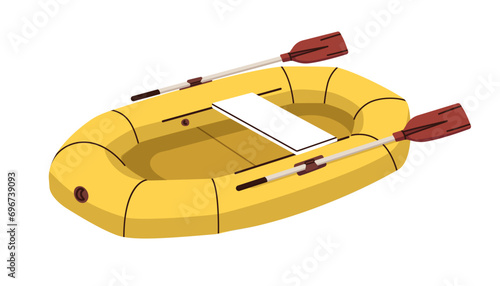 Rubber inflatable boat with paddles. Water transport, rowing vessel with oars. Small river and lake vehicle for recreation. Flat vector illustration isolated on white background