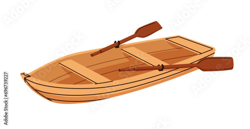 Wooden rowing boat with paddles. Lake and river vessel with oar. Small wood vehicle, water transport with seats for leisure. Flat vector illustration isolated on white background