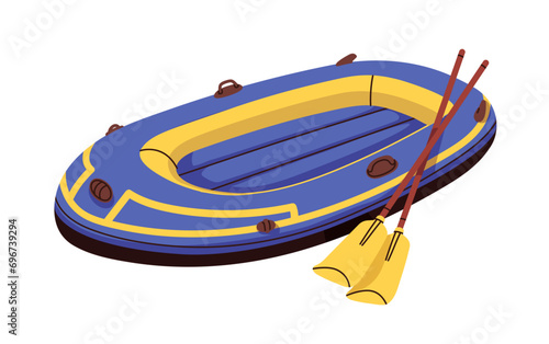 Inflatable rubber boat with oars. Water transport, rowing vessel with paddles. Rafting vehicle for recreation, leisure. Lifeboat. Flat vector illustration isolated on white background