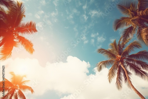 Scenic Vintage Tropical Beach. Blue Sky, Palm Trees, and Summer Background Viewed from Below