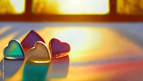 Heart-shaped candies laid out on a table with warm sunlight in the background. love confession