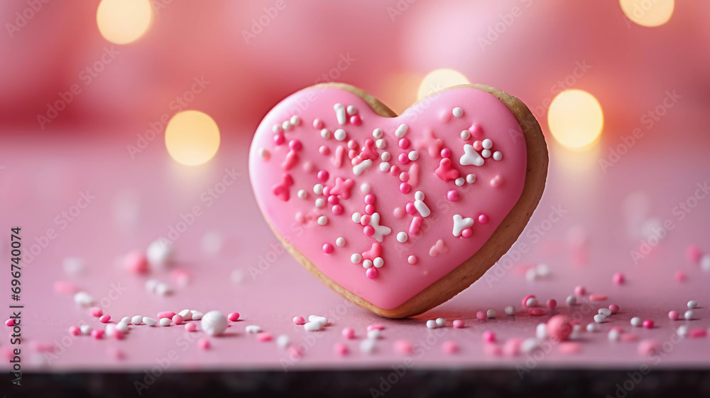Heart shaped cookie with pink icing and heart sprinkles. Valentine's day treat 