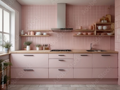 Scandinavian, french country style modern interior design of pastel colored kitchen © Dhiandra