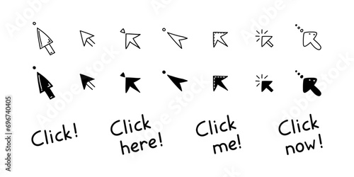 Doodle click here button set. Different mouse cursors with lettering for website or computer application, hand drawn vector arrow pointer photo